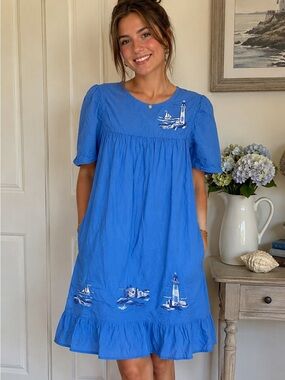 Blair Vintage Women’s House Dress With Embroidered Ocean Light House Pockets M